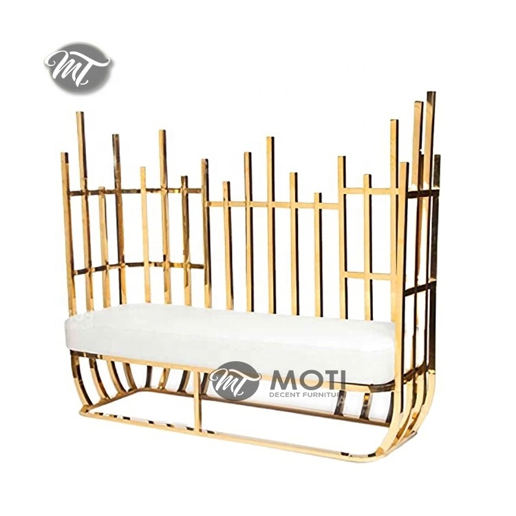 Luxury love seats furniture reception stainless steel gold wedding stage leather sofa for bride and groom