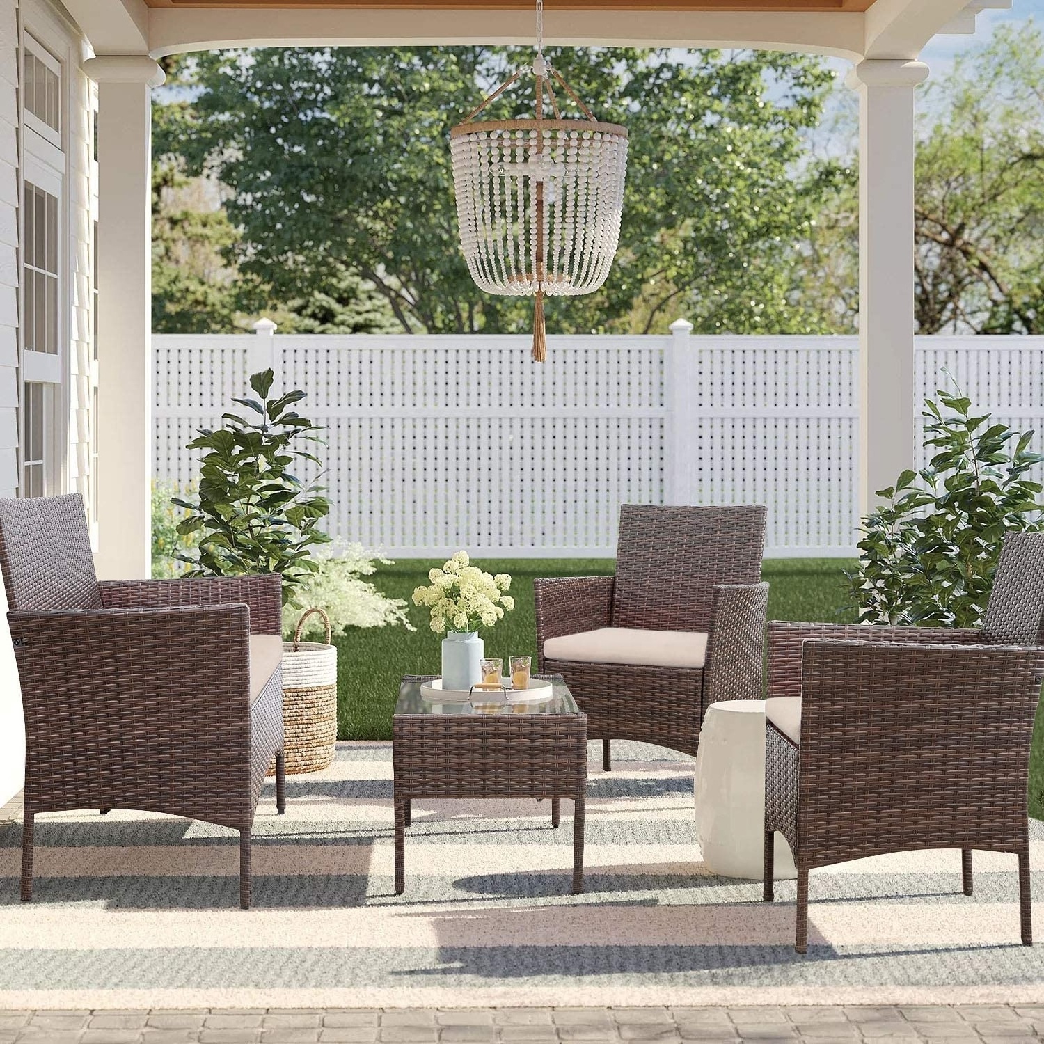 4 Piece Promotional Steel Outdoor Patio Furniture Conversation Rattan Wicker Pattern Garden Table and Chair Set