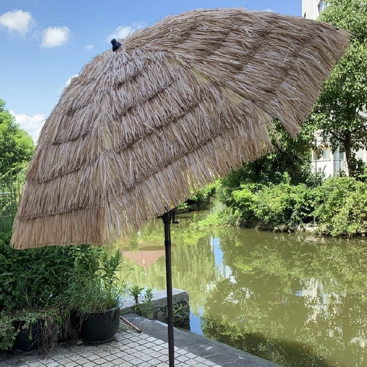 7.5FT,220CM Round Garden Umbrella Patio Synthetic Thatch Tiki Raffia Straw Outdoor Beach Umbrella with Crank,Tilt,UV30+