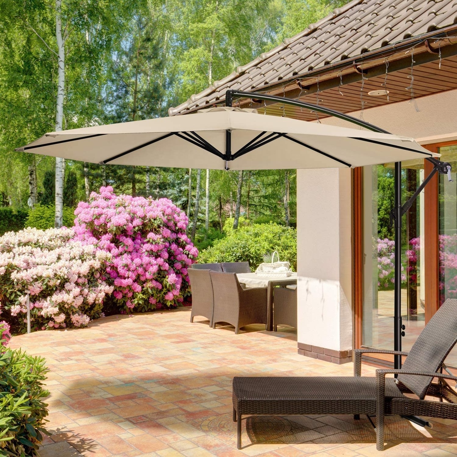 10Ft Patio Offset Cantilever Hanging Umbrella Outdoor Market Table with Base Beach Parasol Garden Bench Outside Furniture