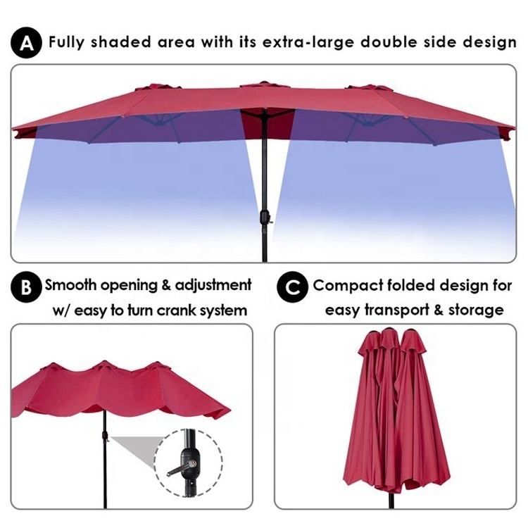 15FT Double-Sided Extra Large Patio Umbrella Outdoor Twin Umbrella With Crank Lift (Red)