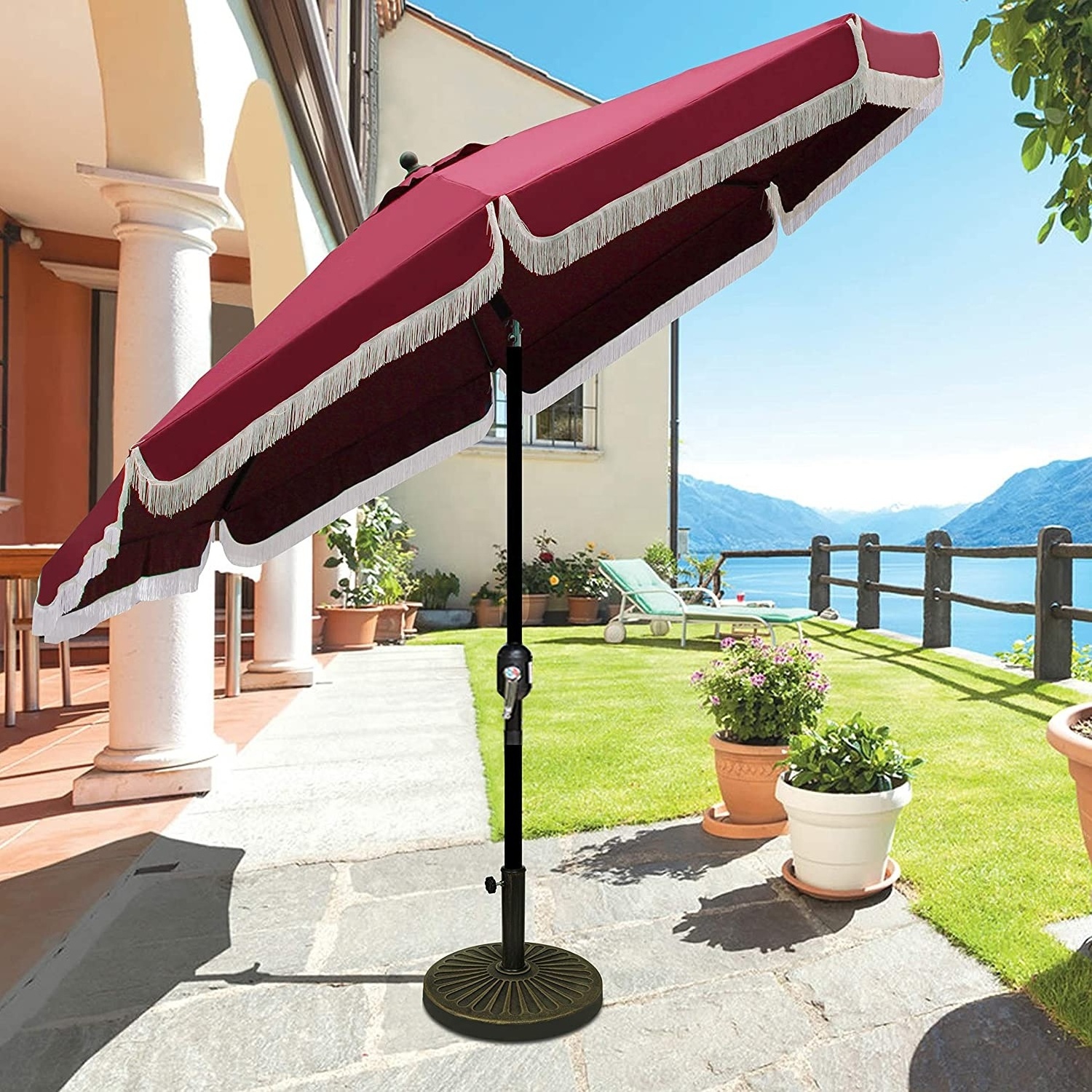 New Style 270CM Round Aluminum Manual Push Button Tilt and Crank Garden Parasol Outdoor Patio Umbrella with Tassels Fringe