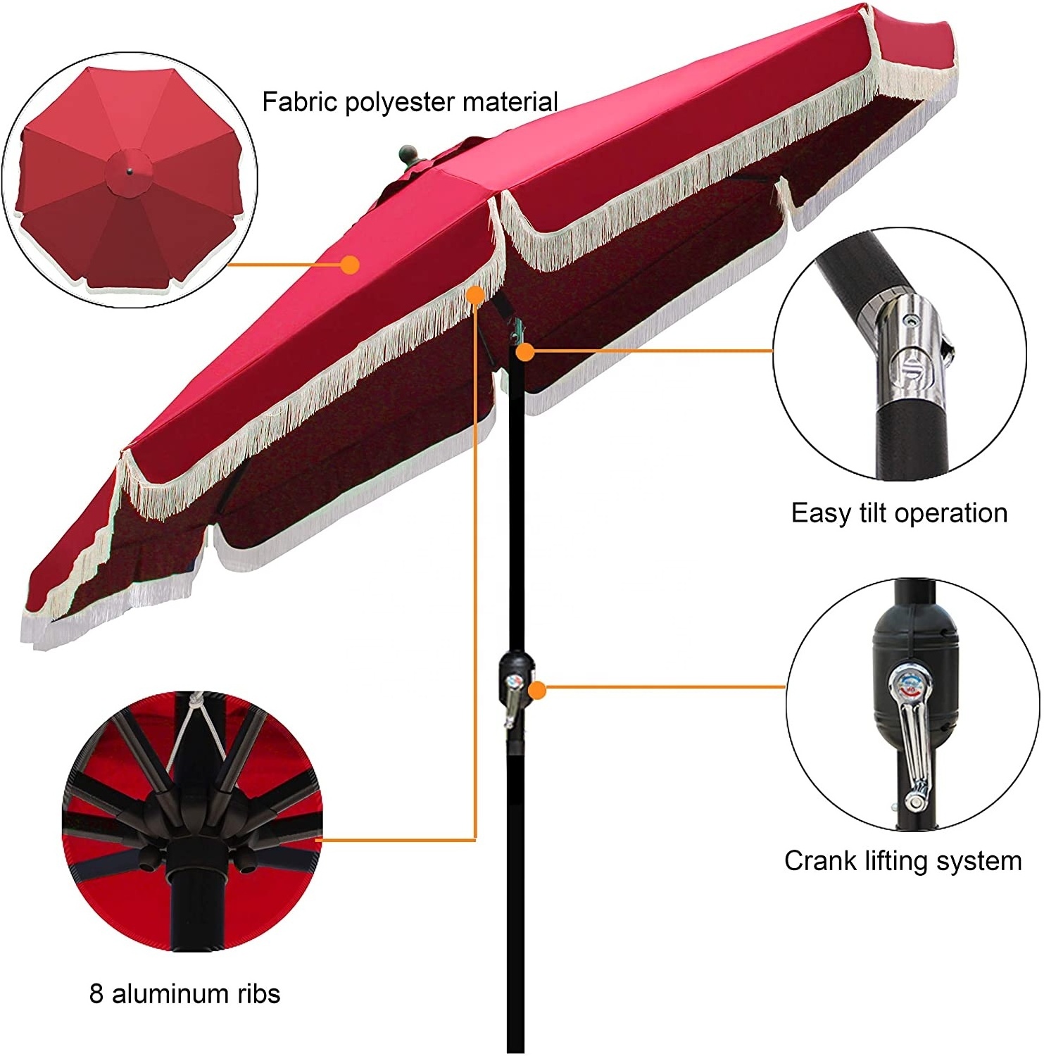 New Style 270CM Round Aluminum Manual Push Button Tilt and Crank Garden Parasol Outdoor Patio Umbrella with Tassels Fringe