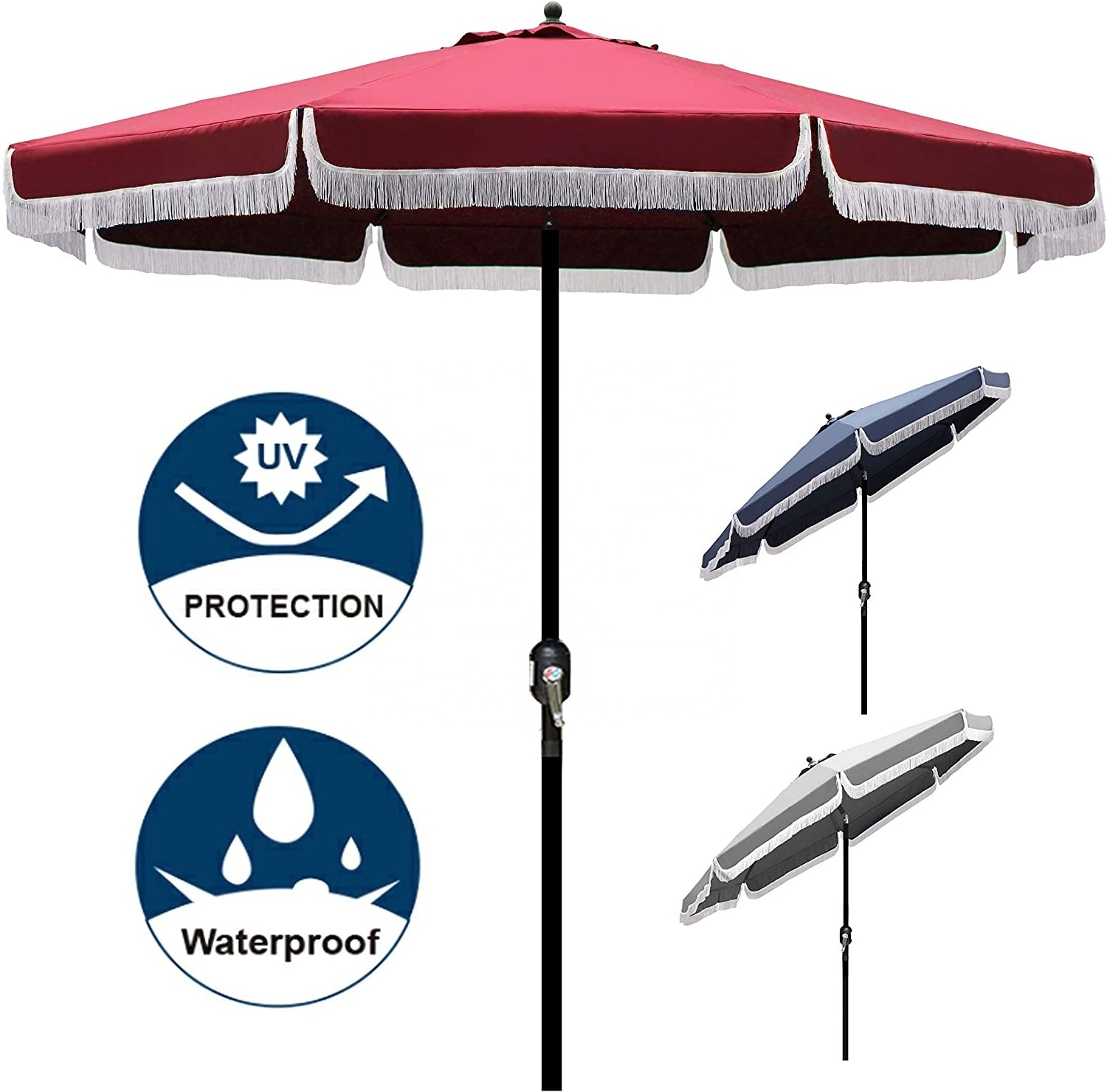 New Style 270CM Round Aluminum Manual Push Button Tilt and Crank Garden Parasol Outdoor Patio Umbrella with Tassels Fringe