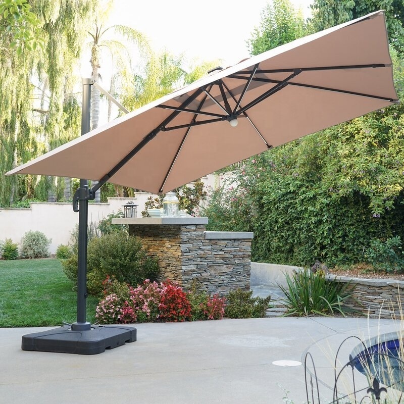 Garden Patio Deluxe 11FT Big Square Aluminum Offset Hotel Pool Side Solar Led Light Umbrella,Patio Cantilever Umbrella with Base