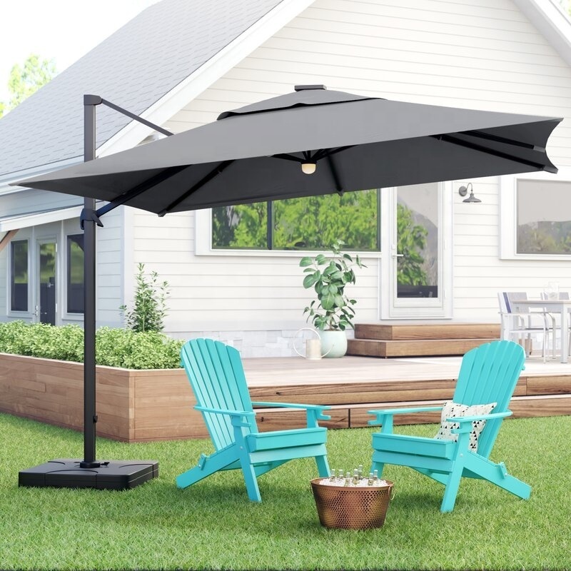 Garden Patio Deluxe 11FT Big Square Aluminum Offset Hotel Pool Side Solar Led Light Umbrella,Patio Cantilever Umbrella with Base