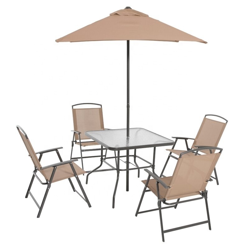 Patio Table Set 4 Sling Folding Chairs Dining Table & Umbrella Party Event Outdoor Garden Furniture Set