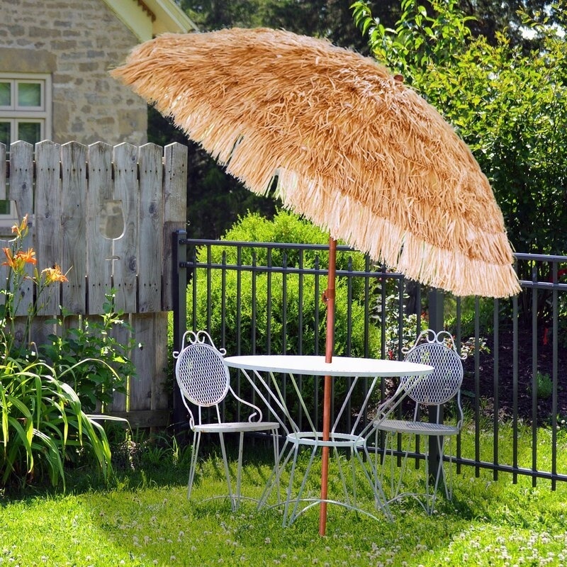 180CM, 6FT Round Hawaii Tropical Synthetic Thatch Tiki Tilt Straw Raffia Beach Umbrella with Wood Painted Effect Pole,UV 30+