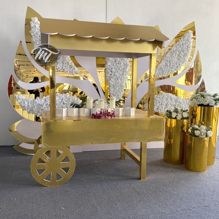 Mobile wedding party events display gold mirrored cake dessert candy cart with wheels