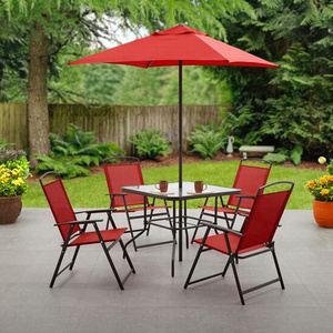 Outdoor Garden 6 Piece  Folding Chair and Table Dining Set with Patio Umbrella