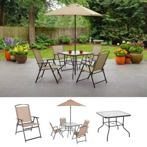 Patio Table Set 4 Sling Folding Chairs Dining Table & Umbrella Party Event Outdoor Garden Furniture Set