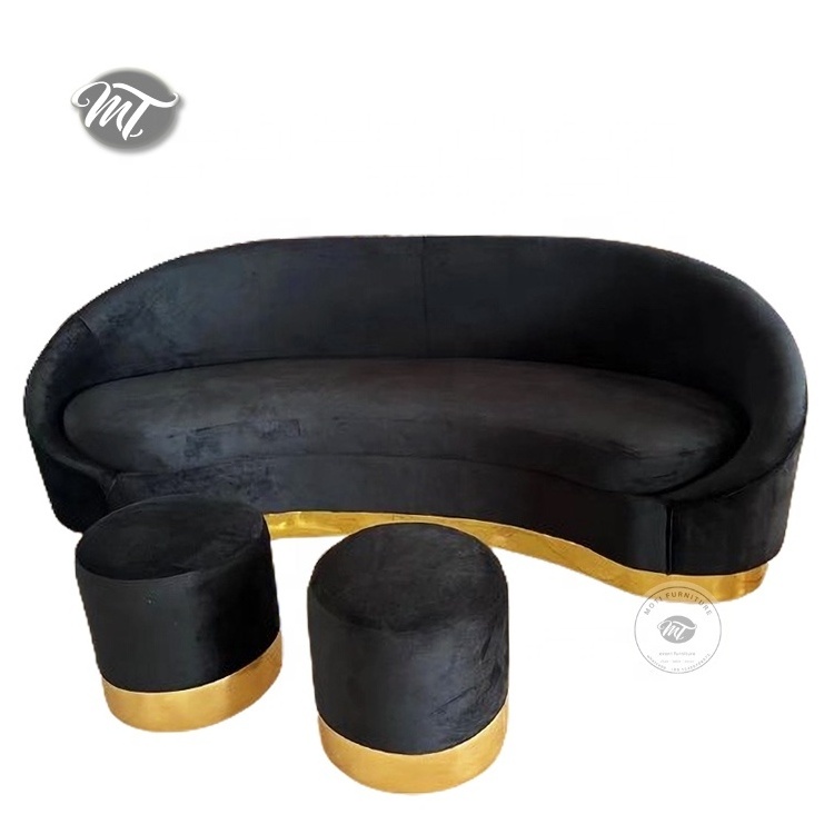 Modern metallic gold black wedding velvet love seat sofa with round ottoman stool