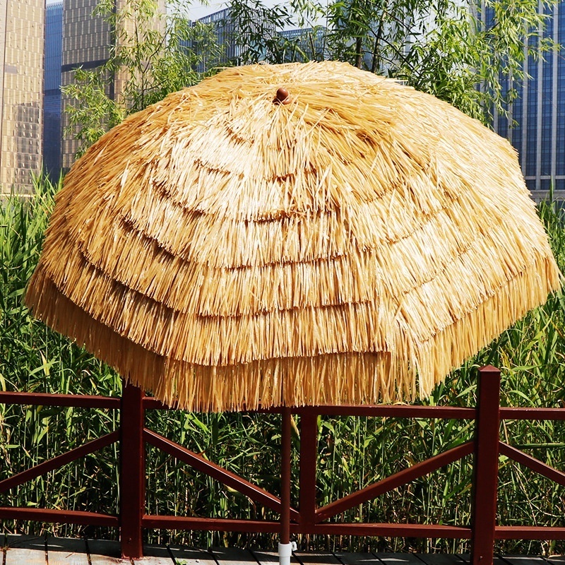 180CM, 6FT Round Hawaii Tropical Synthetic Thatch Tiki Tilt Straw Raffia Beach Umbrella with Wood Painted Effect Pole,UV 30+