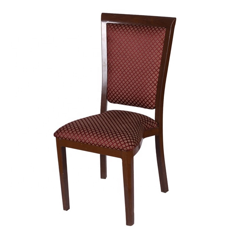 Modern beige fabric brown aluminium tubular imitated wood stacking dining chair upholstered with soft cushion