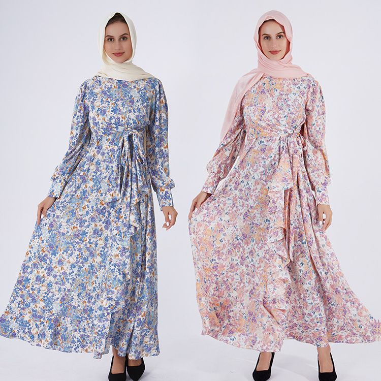 2024 New Design Floral Printed Ramadan Robe Abaya Ruffles Muslim Dress for Islamic Arab Turkey Dubai Women