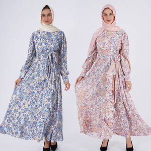 2024 New Design Floral Printed Ramadan Robe Abaya Ruffles Muslim Dress for Islamic Arab Turkey Dubai Women