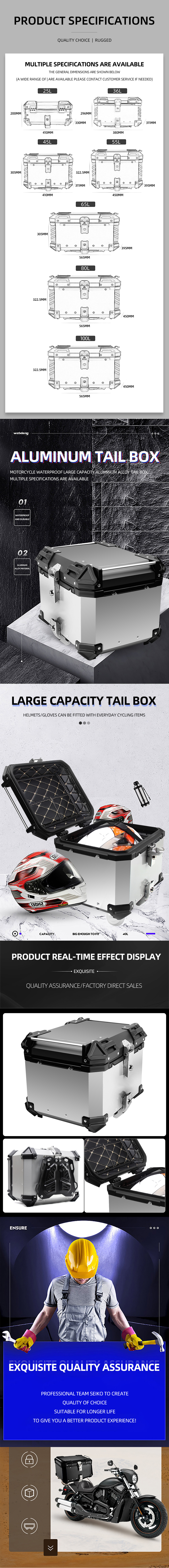 45L Delivery luggage Black sliver PU ling steel lock waterproof aluminum motorbike storage trunk motorcycle tail box