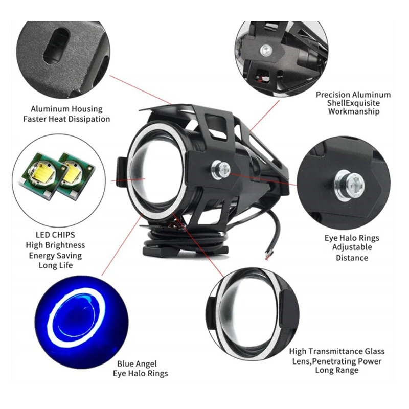 RTS High Power 125W U7 LED Motorcycle Spot Light Driving Headlight Fog Lam White Halo Blue Light 1 pair