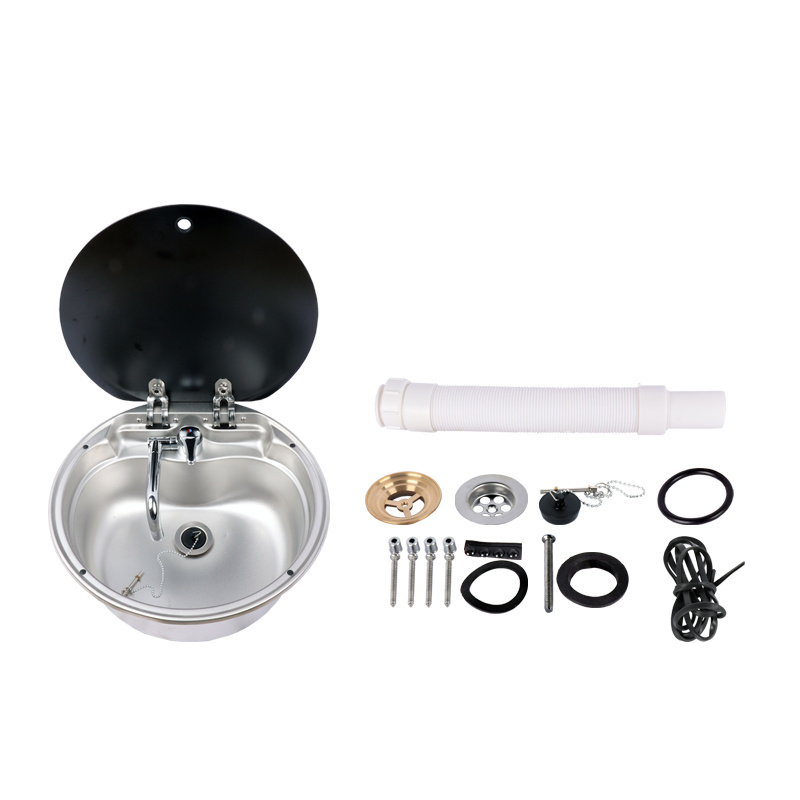 New type of round camper rvs kitchen kit Stainless Steel Sink campervan tempered glass lid sink, with foldable rotating faucet