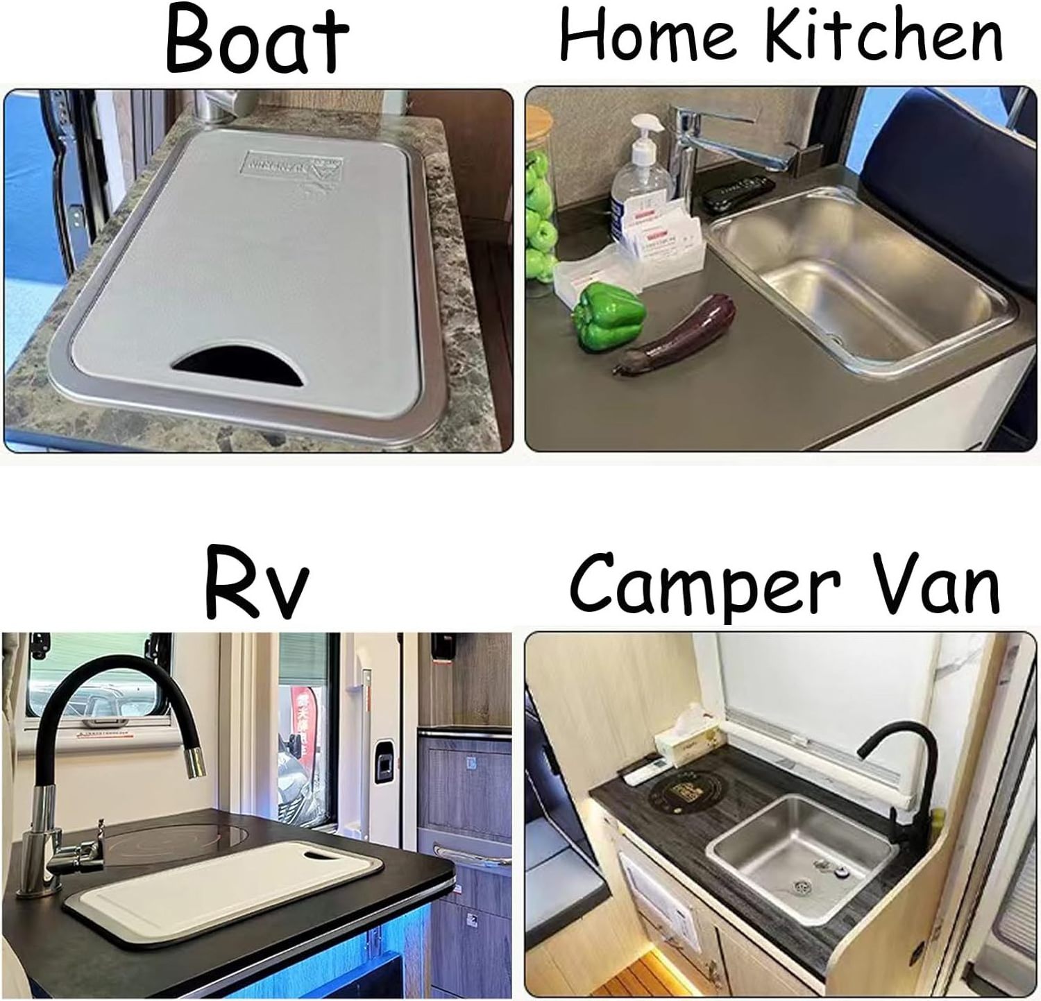 Stainless Steel Hand Wash Basin Single Bowl RV Kitchen Sink with Cutting Board Concealed Chopping Board Cover for Campervan