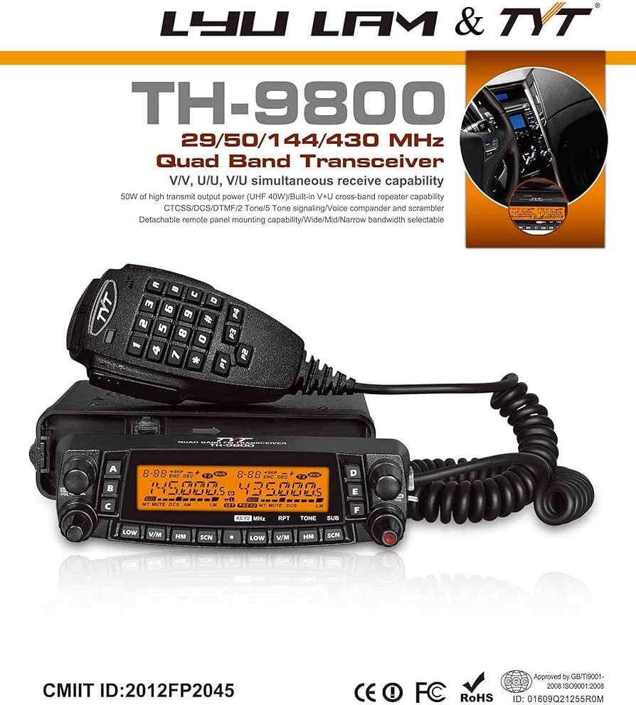 TYT 9800 Quad Band Mobile Transceiver,TYT TH-9800 Plus Car Mobile Radio 50W Repeater Quad Band Transceiver+USB Cable