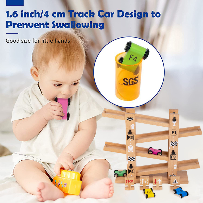 Toddler Montessori Early Educational Wooden Rails Gliding Race Track Car Ramp Racer Toy