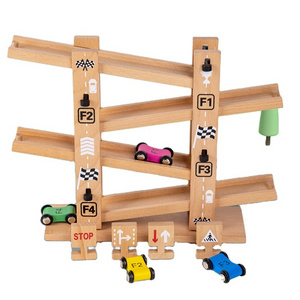 Toddler Montessori Early Educational Wooden Rails Gliding Race Track Car Ramp Racer Toy