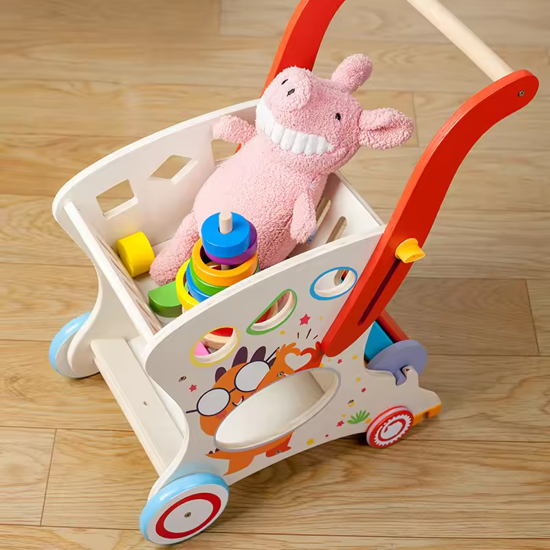 Kids Educational Wooden Shopping Trolly Pretend Play Toy Set Trolley Walker Shopping Cart Wooden Baby Walker for Children