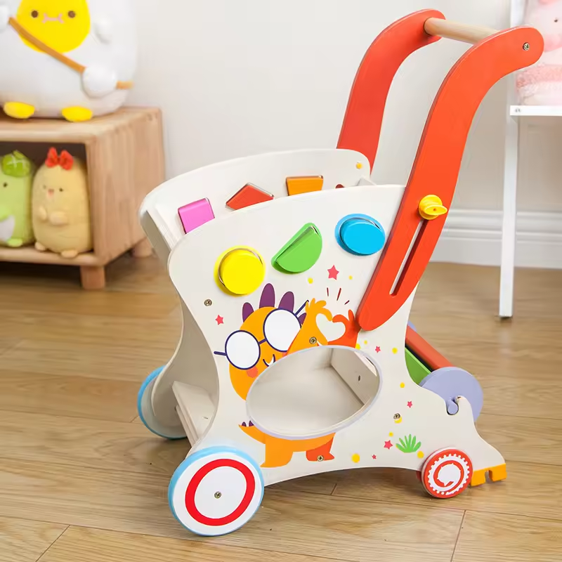 Kids Educational Wooden Shopping Trolly Pretend Play Toy Set Trolley Walker Shopping Cart Wooden Baby Walker for Children