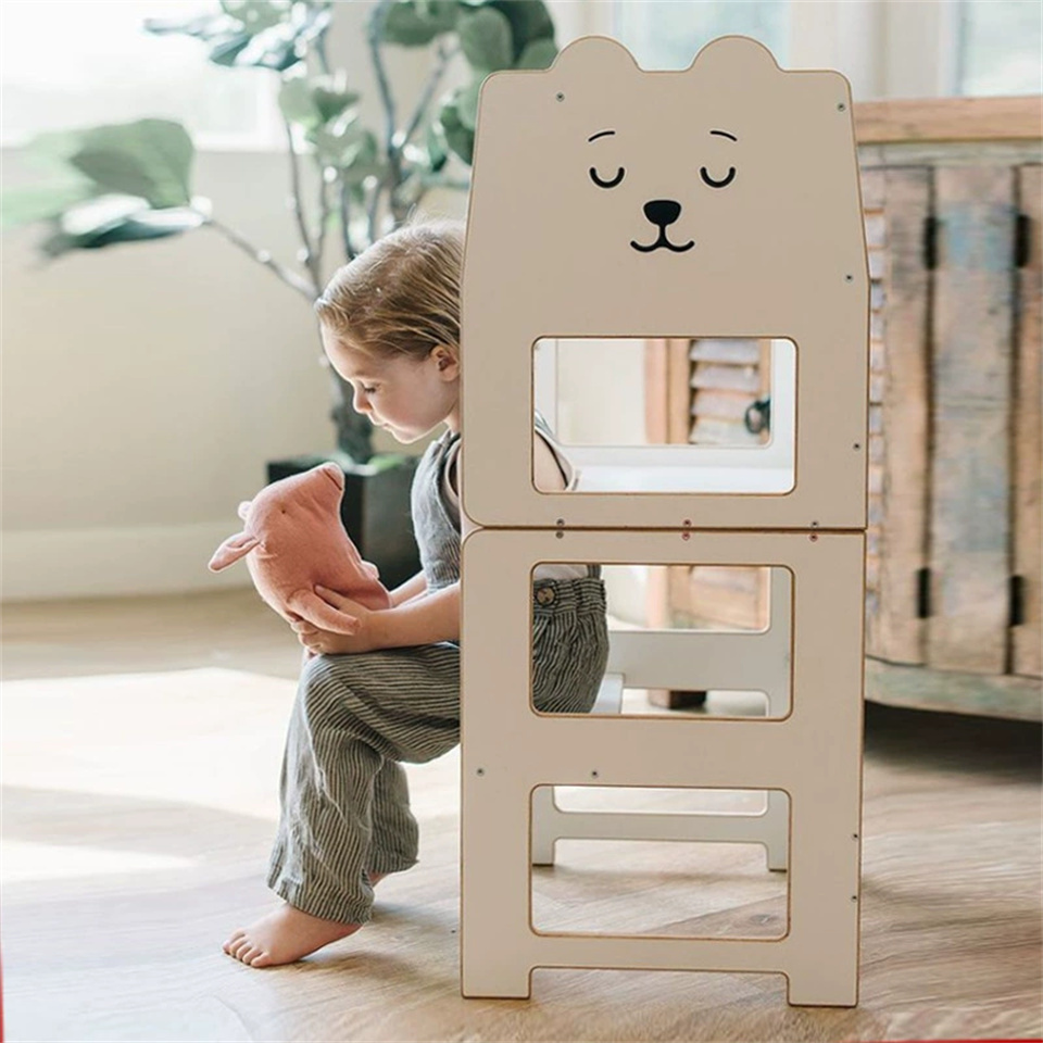 Custom Kid Foldable Kitchen Helper Step Stool Wooden Montessori Learning Tower with Blackboard