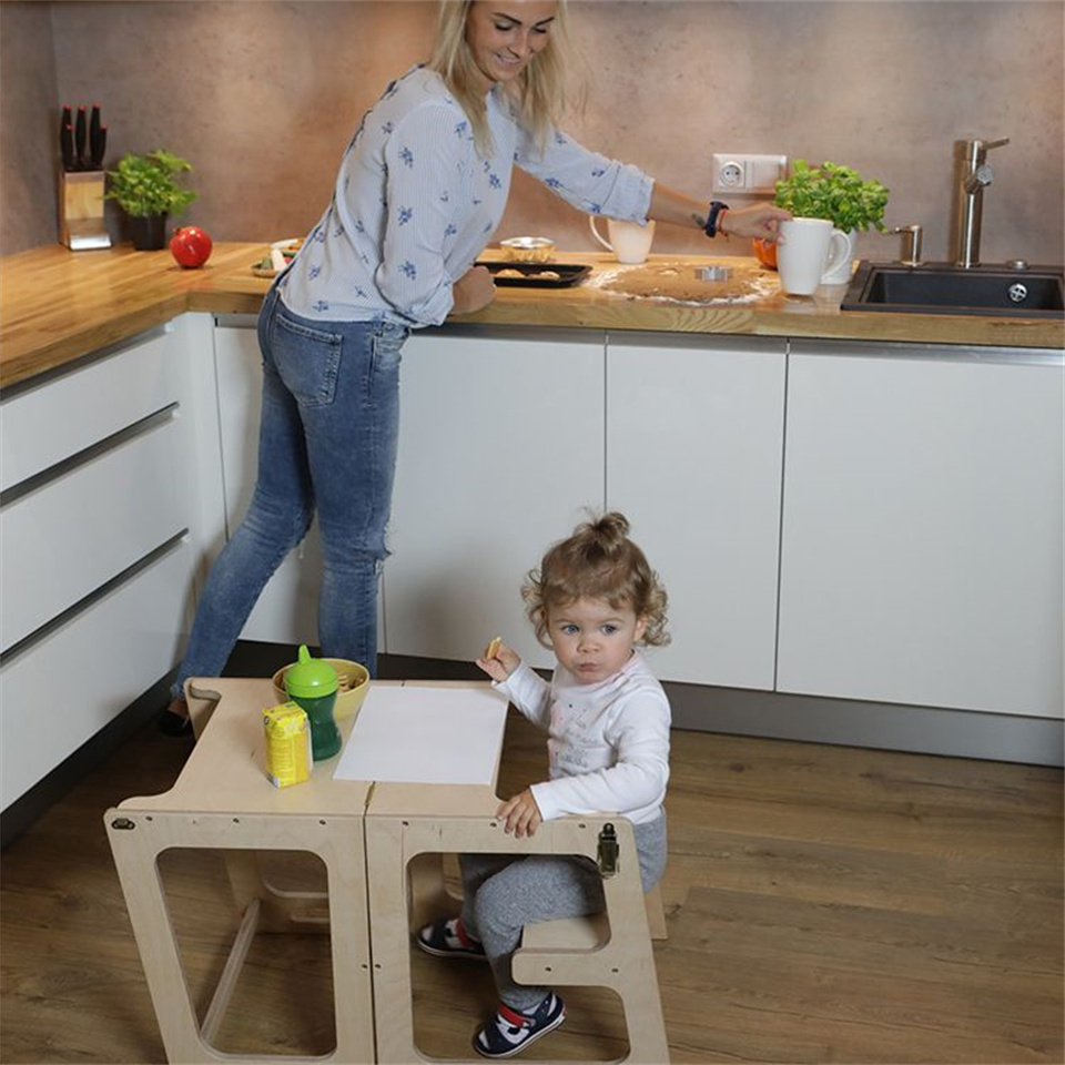 Custom Kid Foldable Kitchen Helper Step Stool Wooden Montessori Learning Tower with Blackboard