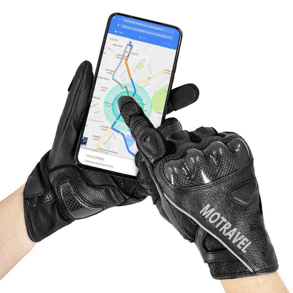 Custom Full Finger Black Men Safety Outdoors Driving Touch Screen Motorbike Mtb Racing Motorcycle Goat Leather Gloves