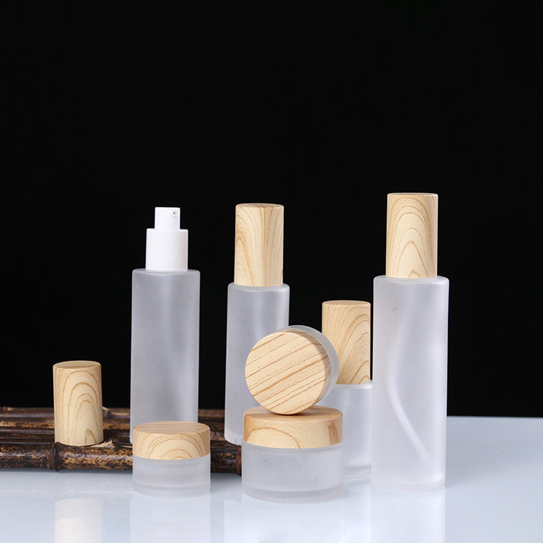 High Quality Frosted Cosmetic Containers Liquid Lotion Skin Essence Pump Spray Glass Bottle Eye Cream Jar With Grain Caps