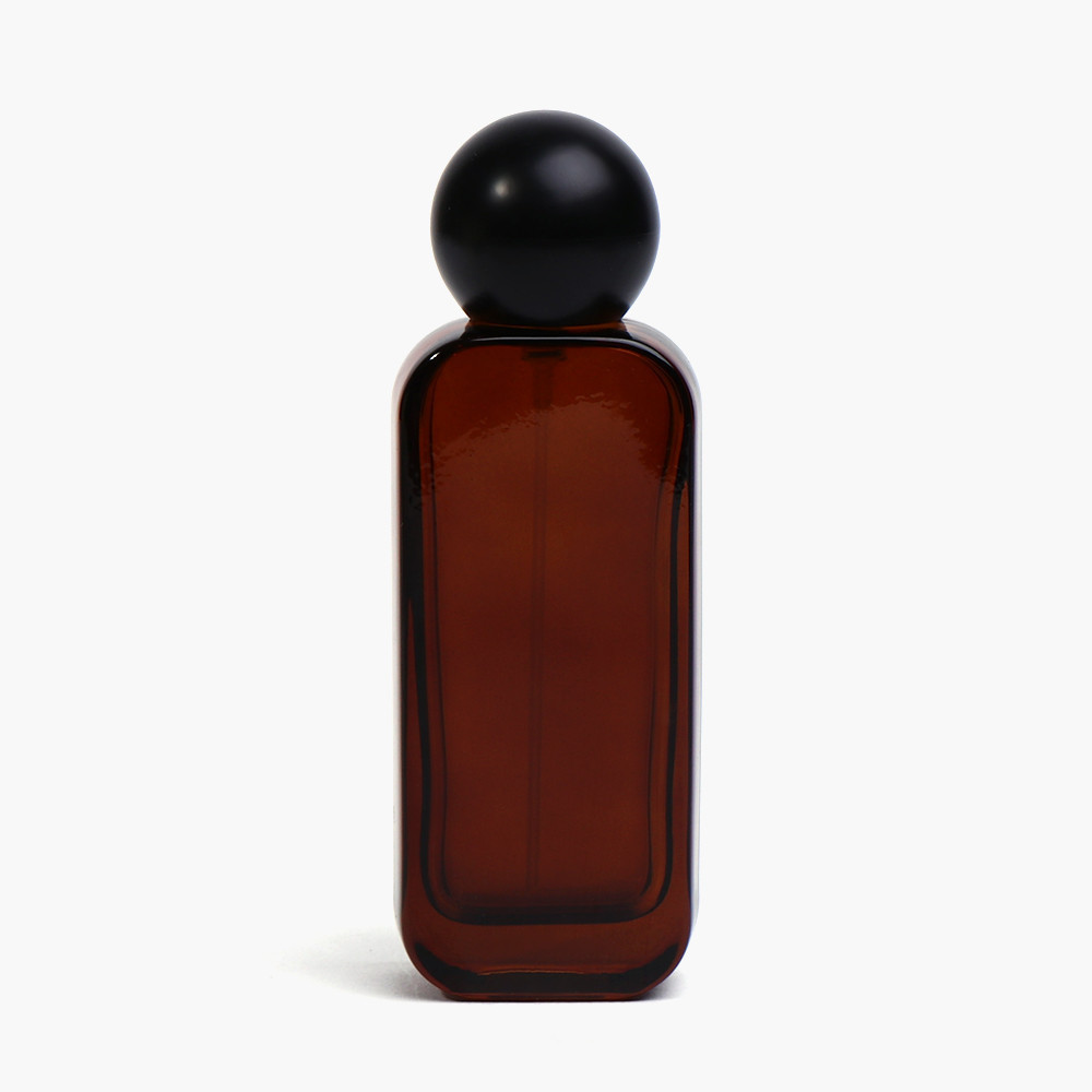 Customization New Design 50ml Amber Rectangle Crimp Spray Glass Perfume Bottles With Brown Black Round Wood Cap