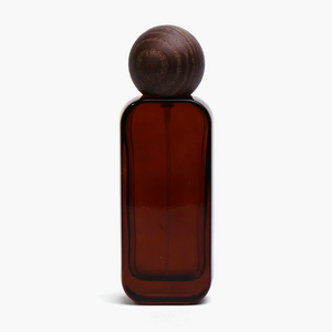 Customization New Design 50ml Amber Rectangle Crimp Spray Glass Perfume Bottles With Brown Black Round Wood Cap