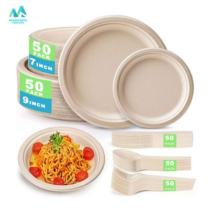 Food Grade Sugarcane Bagasse Disposable Plates Sugar Cane Bamboo Paper Pulp Bio Compostable Degradable Dish For Party