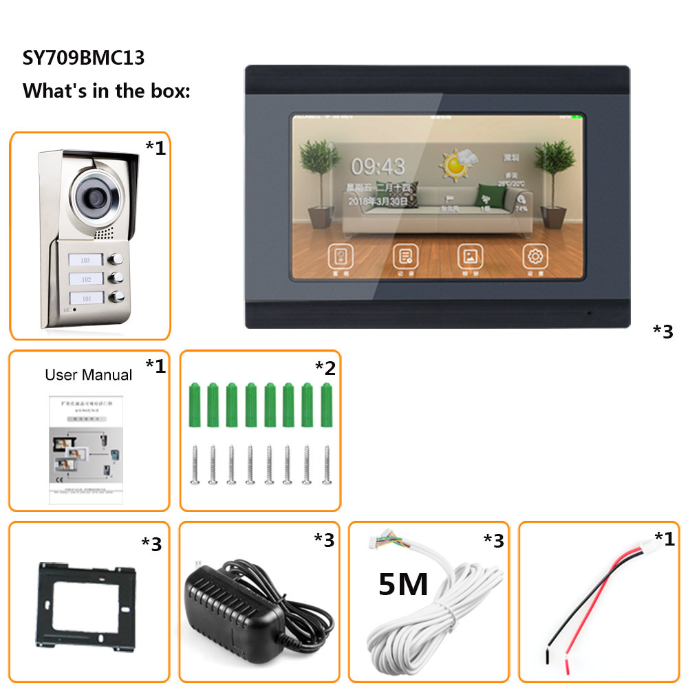 7inch Record wireless Wifi 3 Apartments Video Door Phone Intercom System IR-CUT HD 1000TVL Camera Doorbell Camera with 3 button