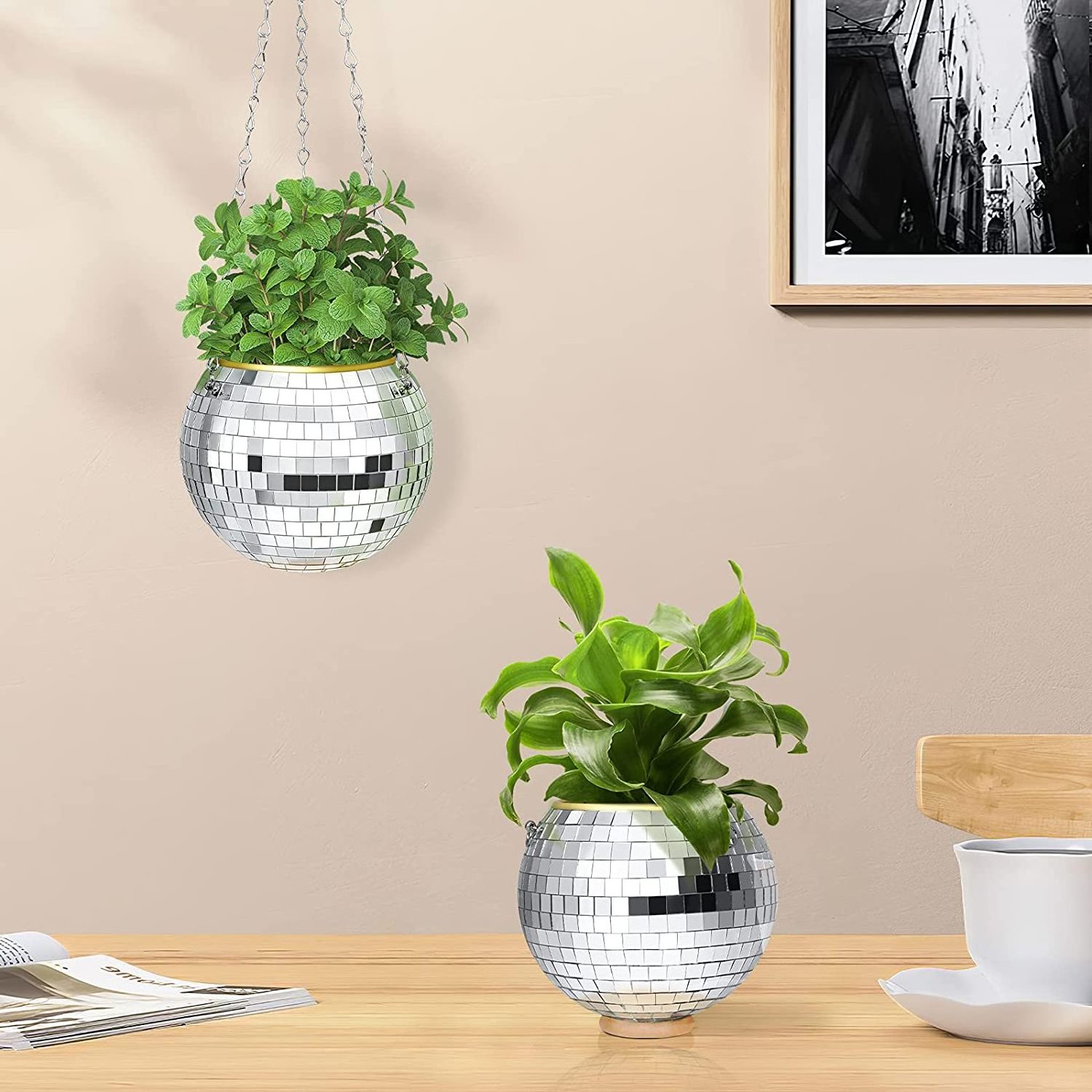 6inch Planter Mirror Disco Ball With Chain Mini Plant Hangers For Garden Indoor Outdoor Hanging Planter