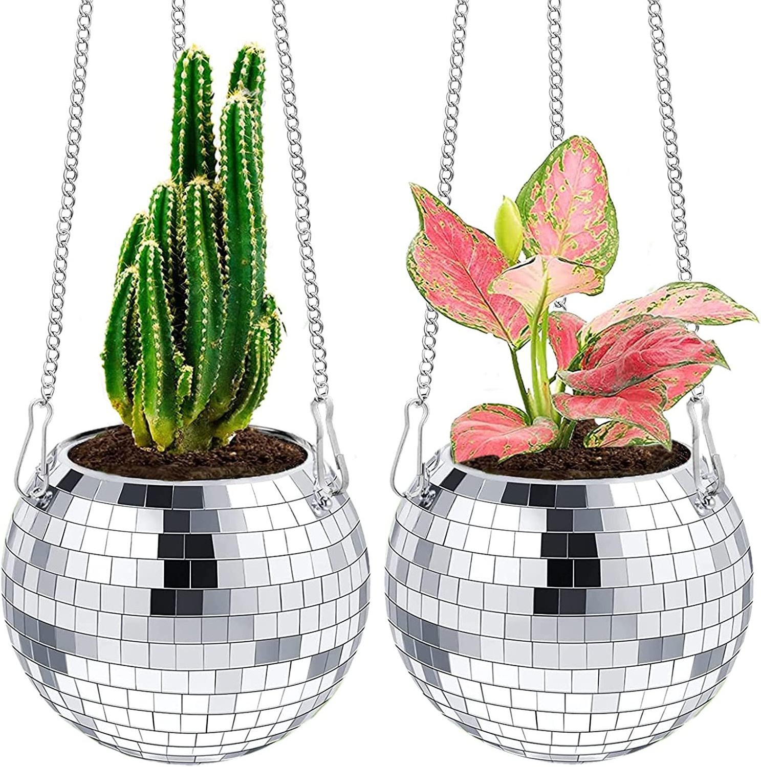 6inch Planter Mirror Disco Ball With Chain Mini Plant Hangers For Garden Indoor Outdoor Hanging Planter