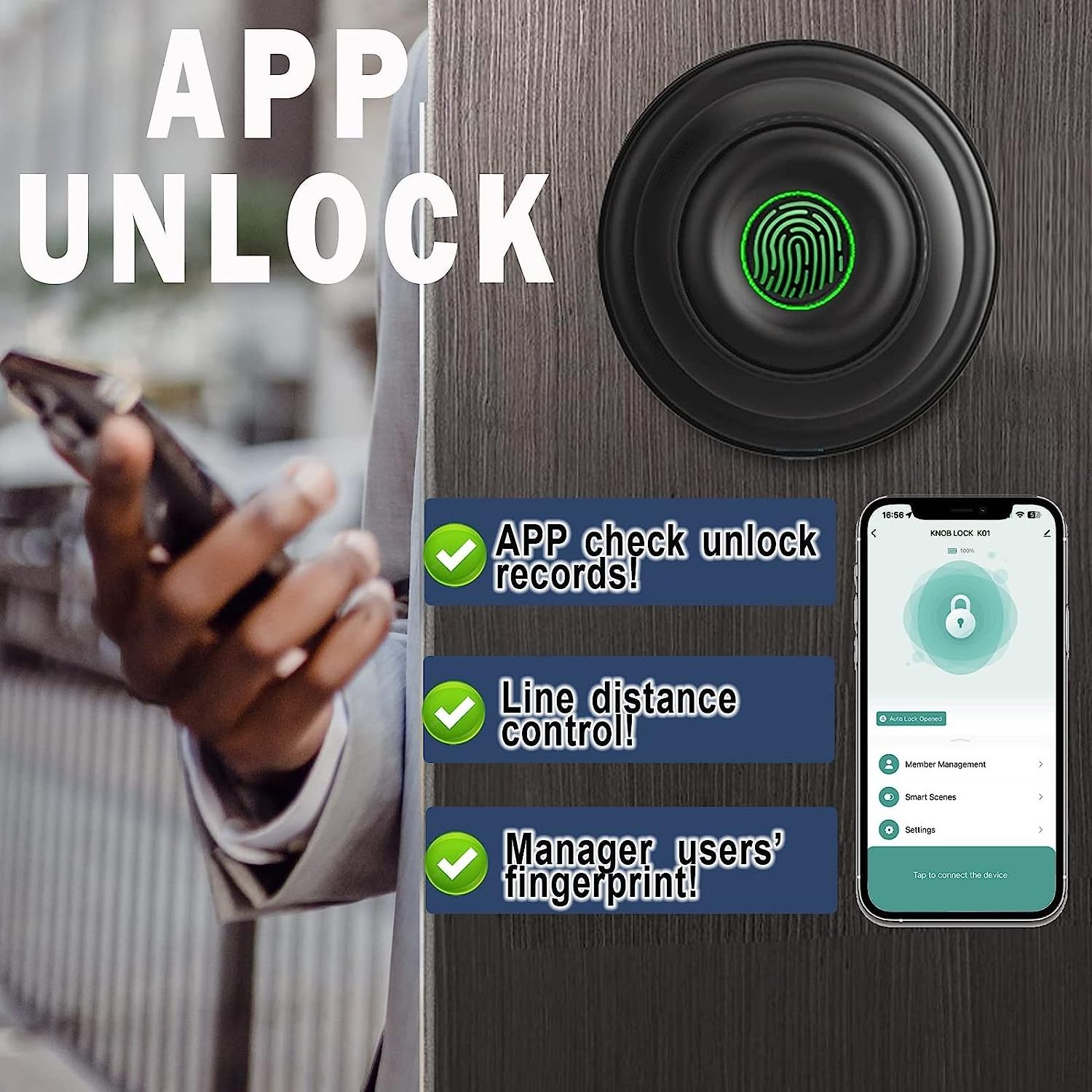 Smart Fingerprint Door Lock, Keyless Entry Door Knob, Biometric Door Knob with App Control Emergency Key Access