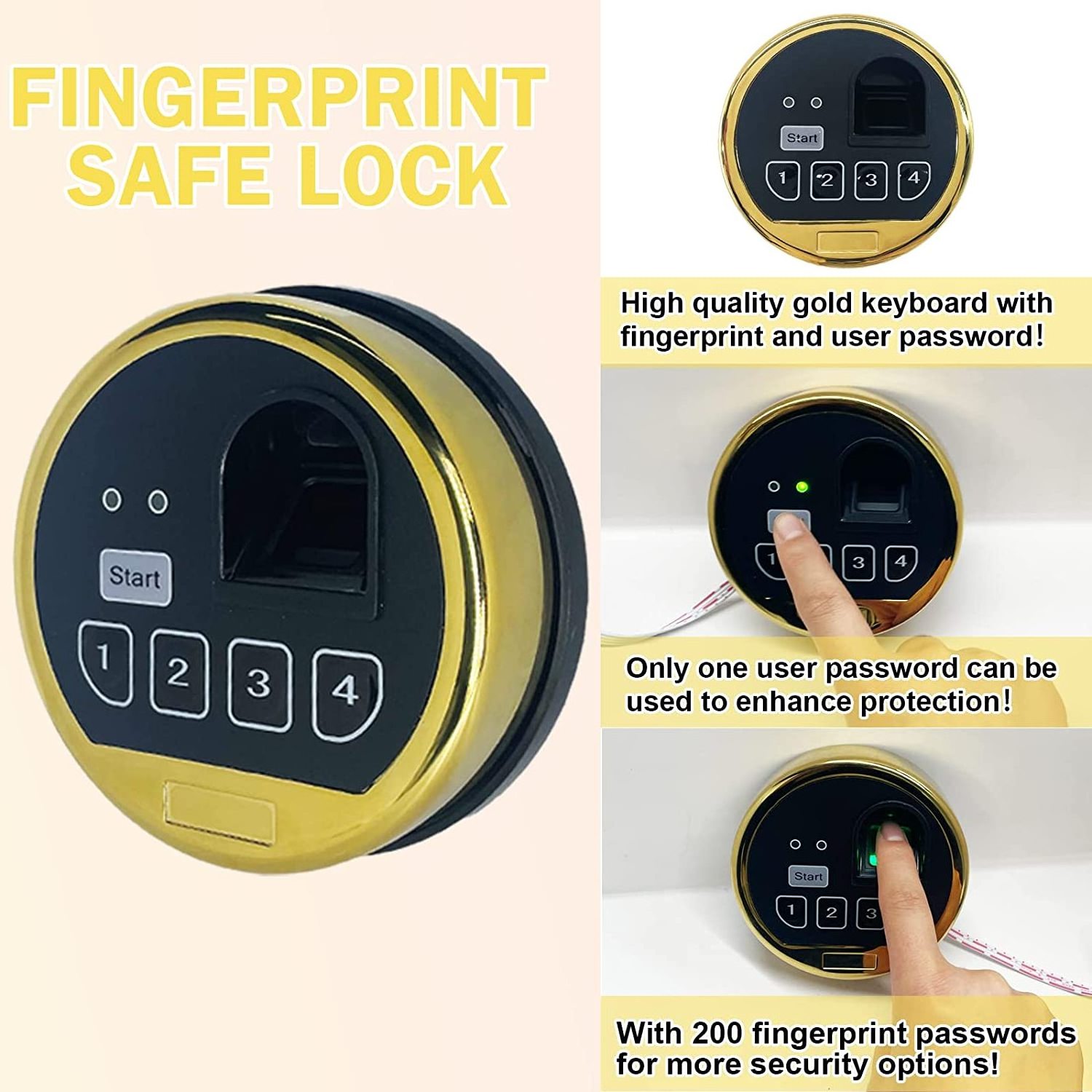 EMP Fingerprint Safe Electronic Keypad Lock, Biometric Gun Cabinet Lock, Swing Bolt Lock & 2 Override Keys Gold Color Keypad