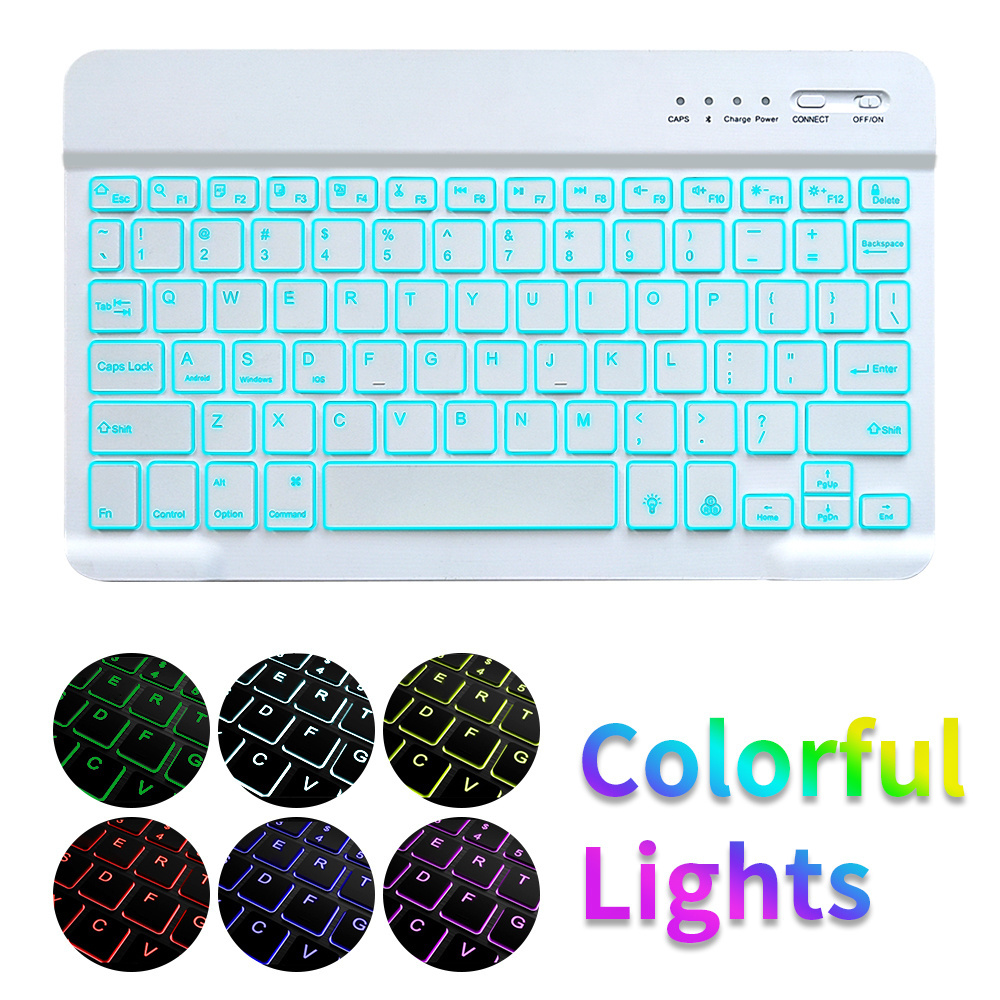 Hot selling white rgb light ultra thin portable rechargeable mini wireless keyboard for ipad