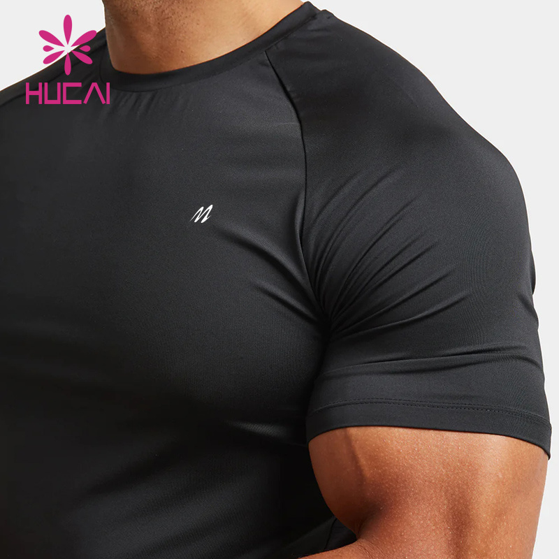 HUCAI Custom polyester spandex lightweight O neck short sleeve quick muscle dry fit training Top gym t shirt for men