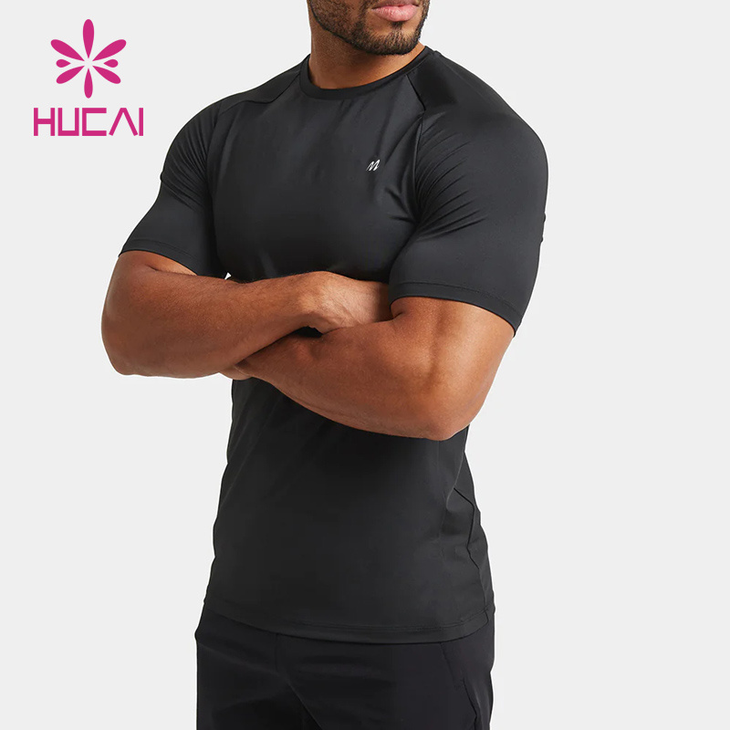 HUCAI Custom polyester spandex lightweight O neck short sleeve quick muscle dry fit training Top gym t shirt for men