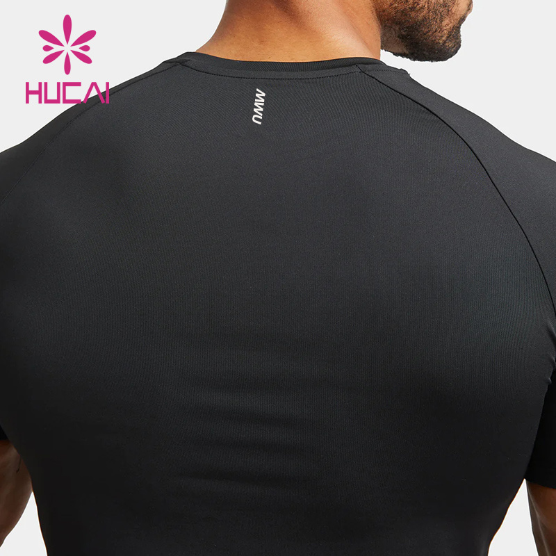 HUCAI Custom polyester spandex lightweight O neck short sleeve quick muscle dry fit training Top gym t shirt for men