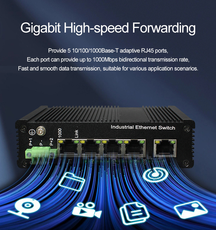 Unmanaged Industrial Switch Full Gigabit Network Ethernet Switches 5 Port Industrial Poe Switch Support Dc10-55V Input