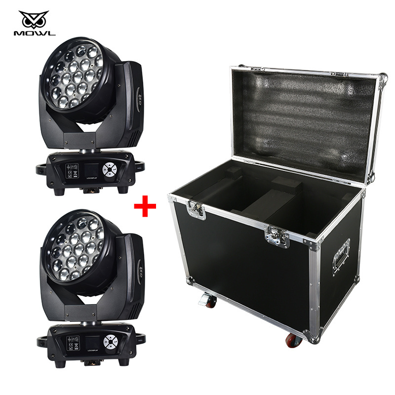 2pcs 19x15w DMX RGBW 4in1 Zoom Wash LED Moving Head Light With Flight Case