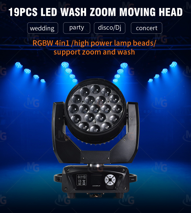 19x15W Stage Lighting DMX 19*12W RGBW Zoom Wash Aura LED Moving Head Light For DJ Disco Bar