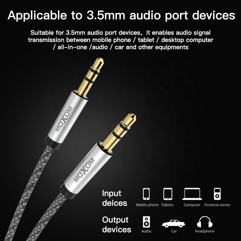 Best Quality MOXOM 3.5MM digital audio cable 1m Silver cable auxiliar de audio For Speaker Car