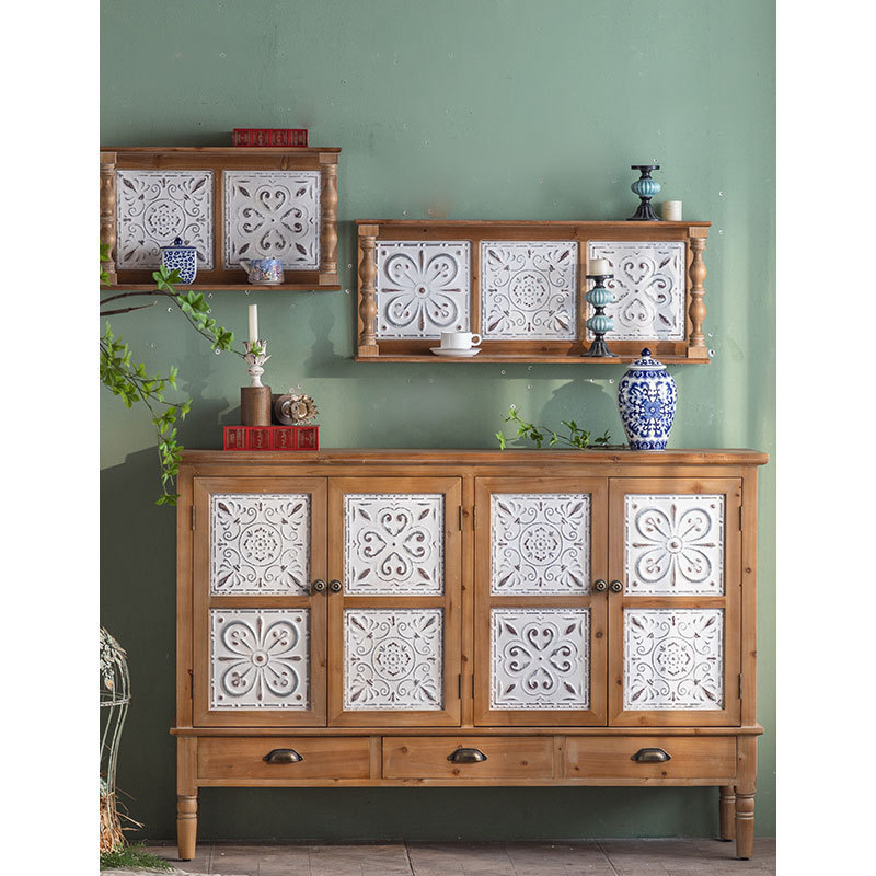 Rustic Shabby Carving Design 4 White Doors Vintage Chest Of Drawer Dining Room Furniture Wood Sideboard Cabinet Storage